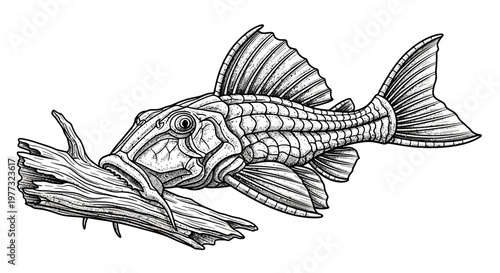Plecostomus Fish Illustration on Driftwood, Aquatic Life, Black and White Line Art