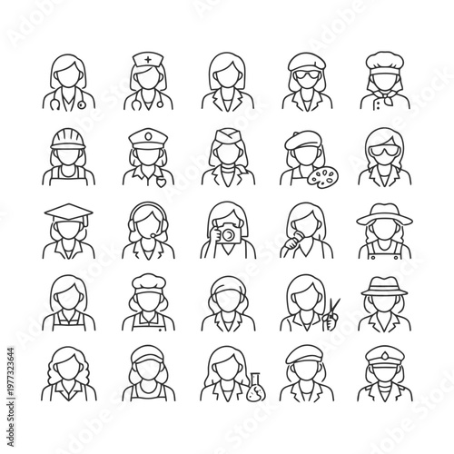 Line art illustrations of women in various professions and roles.
