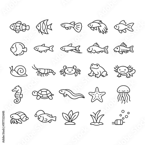 Set of aquatic animal icons including fish, snail, crab, frog, and starfish.