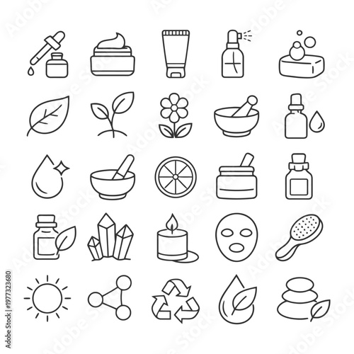 Line art icons of skincare and wellness products with nature elements.