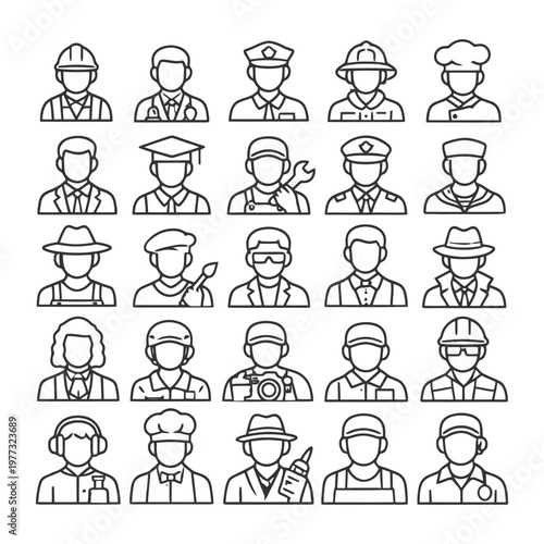 Outline icons of diverse professions featuring asian and caucasian adults.