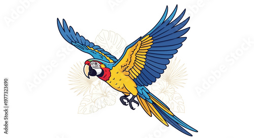 Colorful Macaw Parrot Flying Mid-Air with Tropical Leaves Background