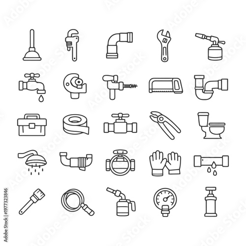 Outline icons of plumbing tools and fixtures including wrench and faucet set.
