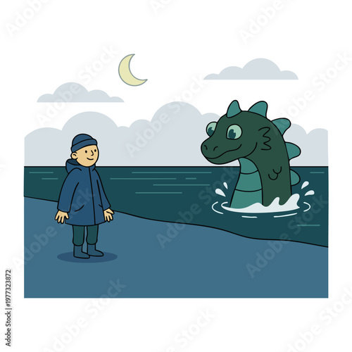 A child meets a friendly sea monster in the water.