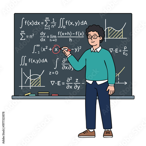 A male teacher explaining complex mathematical equations on a blackboard.