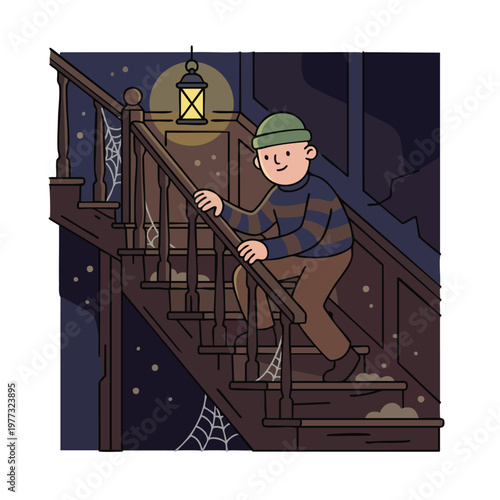 A person in striped shirt climbing stairs at night.
