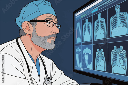 Male Doctor Examining X - ray Images on Monitor