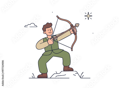 Archer aiming bow and arrow on rocky terrain.