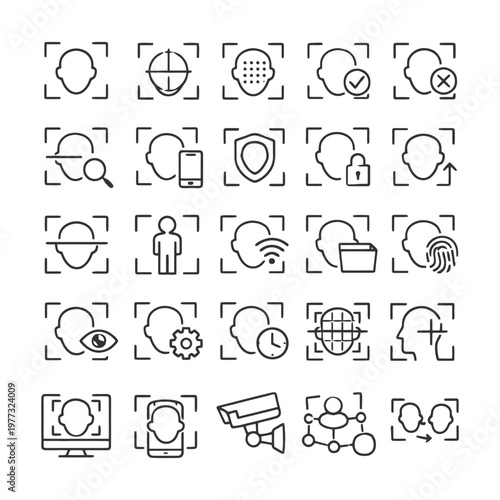Facial recognition icons set with head profiles and security symbols.