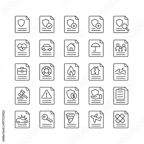 Comprehensive insurance icons collection featuring health, auto, home, and travel coverage.
