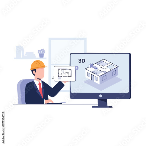 Architectural Engineer Designing 3D Building Model on Computer Screen.