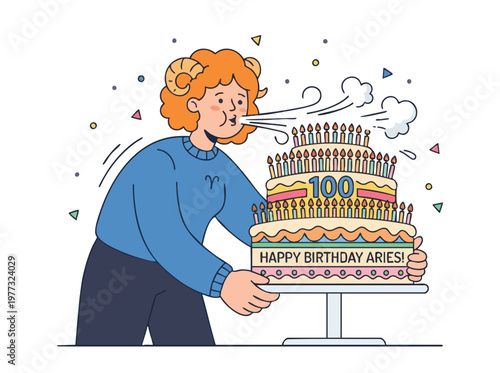 Aries blowing out candles on a 100th birthday cake.