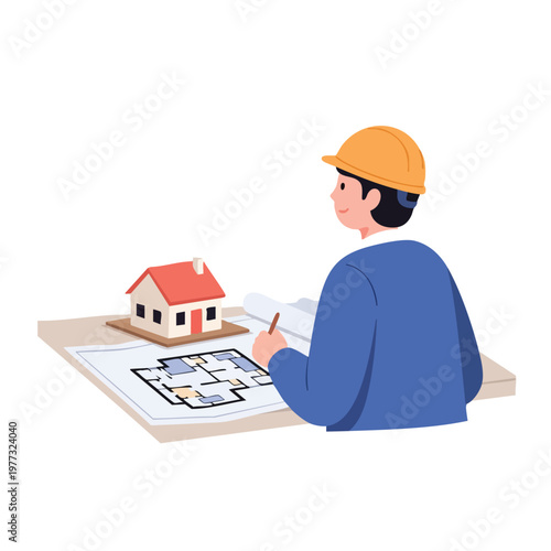 Architectural Engineer Designing House Blueprint with Model.