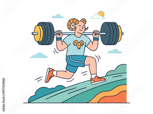 Aries zodiac sign person lifting weights running uphill.