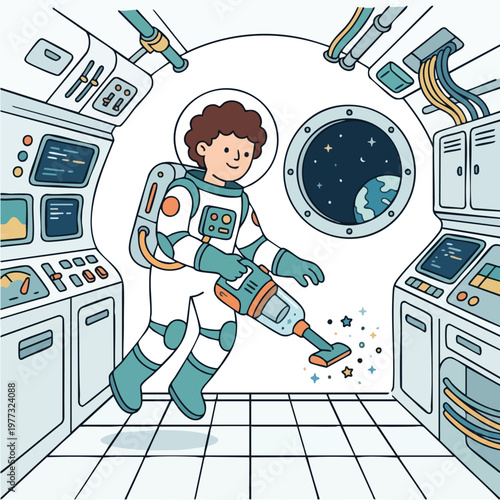 Astronaut cleaning spaceship interior with vacuum cleaner.