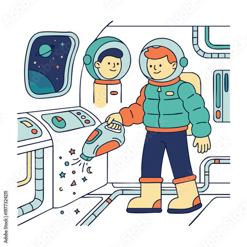 Astronauts in Spaceship Cleaning Up Space Debris.