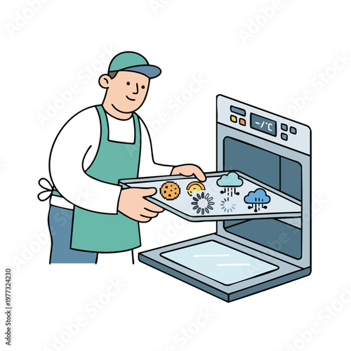 Baker places cloud and gear cookies into oven.