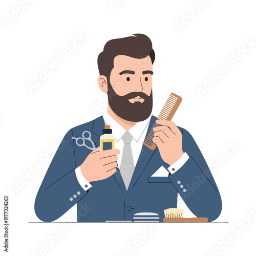 Barber holding grooming tools and products for hair care.