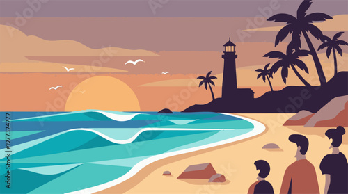 Tropical beach sunset with family, lighthouse, and palm trees silhouette