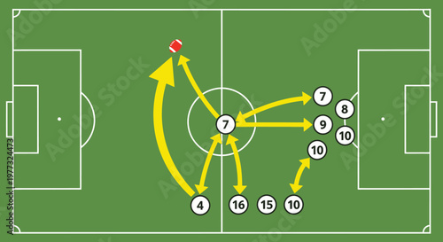 A green grass soccer pitch features a ball and a strategic game plan illustration on a blackboard to represent a championship football tactic and team competition