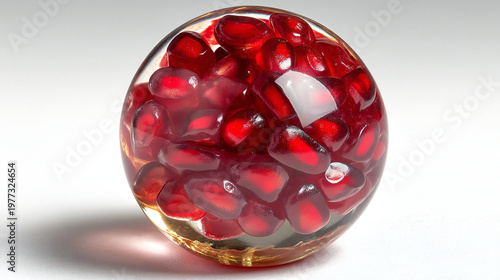 Transparent sphere filled with pomegranate seeds creating a glossy red fruit orb. Bright and vibrant composition representing freshness, antioxidants, and modern food concept.