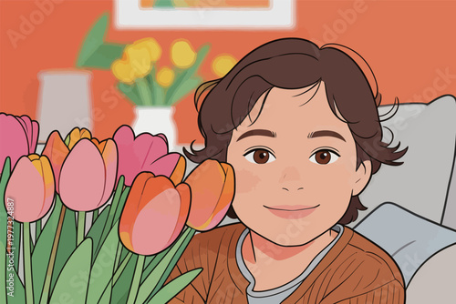 Boy with Tulips in a Cozy Interior