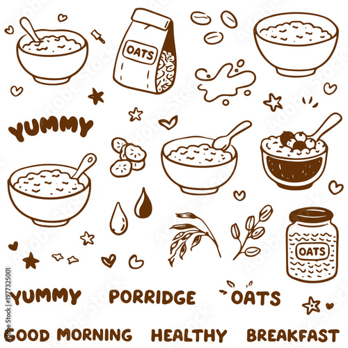 Porridge healthy breakfast doodle set oats bowl morning food illustration
