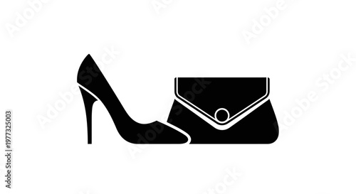 Silhouette illustration of a high-heeled shoe and a clutch bag, monochrome design