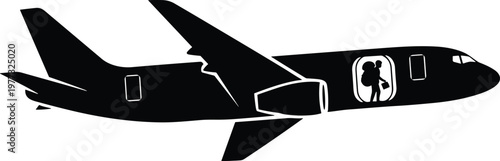 Airplane with passenger boarding silhouette, air travel concept, aviation transport, journey and tourism, commercial flight, minimal black and white illustration design