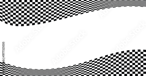 Wavy checkered flag background with black and white racing pattern. Vector sport banner for auto racing, speed competition, and grand prix event. Vector Illustration.