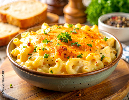 A bowl of baked macaroni and cheese with a toasted top and parsley garnish. Ai