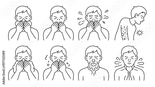 Medical Allergy Symptoms Line Icon Set  Sneezing, Rash, Itchy Eyes, and Swelling Outline Collection