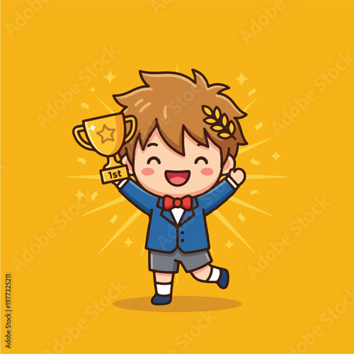 Boy Holding Trophy Cup High.