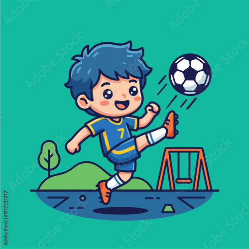 Boy Kicking Soccer Ball High.