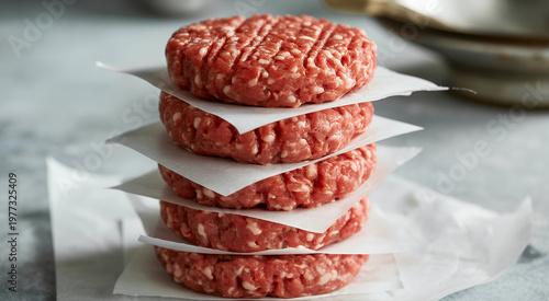 Fresh raw ground beef burger patties stacked with parchment paper on a rustic gray stone surface