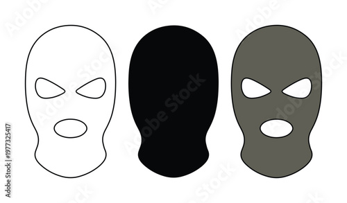 Balaclava mask vector set, black and white ski mask icons, tactical headwear and robbery disguise illustrations for security concepts