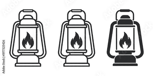 Vintage camping lantern vector icons, retro kerosene lamp set with flame, black and white outdoor gas light illustrations for hiking and adventure