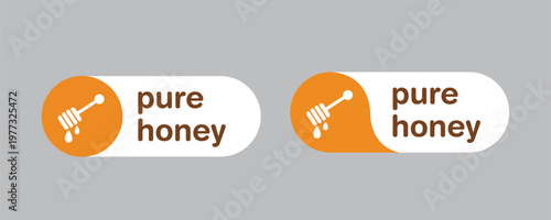 Pure honey label design set with honey dipper icon. Vector organic food stickers for product packaging, honey bee farm branding, and healthy natural sweetener concept. Vector Illustration.