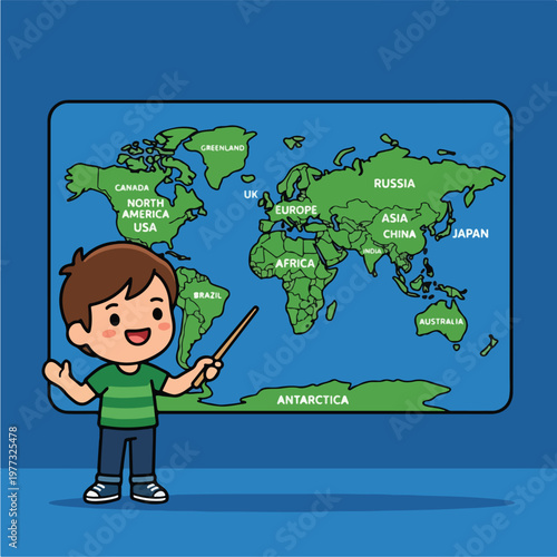 Boy pointing at world map.