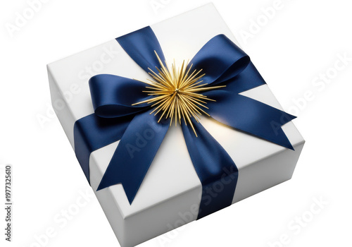 Elegant White Gift Box With Navy Blue Ribbon And Gold Ornament