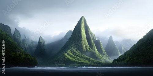 Majestic Mountain Peaks Surrounded by Misty Forests in a Serene Landscape Setting