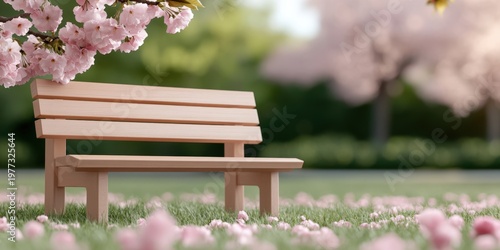Serene Spring Landscape with Cherry Blossom Trees and Peaceful Park Bench Amidst Petals
