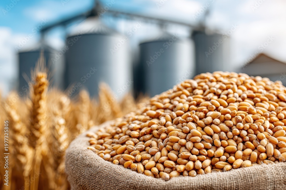 Obraz premium Harvested wheat grains piled high in a burlap sack, with silos and wheat fields in the background.