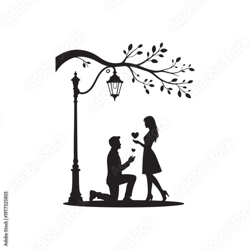 Romantic marriage proposal silhouette of a man on one knee offering a ring to a woman under a street lamp with a tree