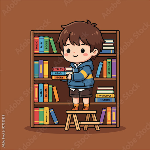 Boy standing on stool bookshelf.