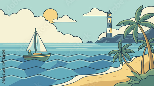 Coastal landscape with sailboat, lighthouse, palm trees, and ocean waves