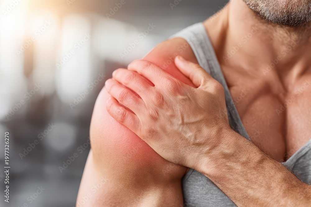 Fototapeta premium Man holding his shoulder in pain, with red inflammation indicating injury or discomfort.