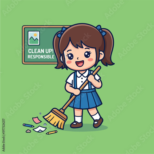 Girl Cleaning With Broom.