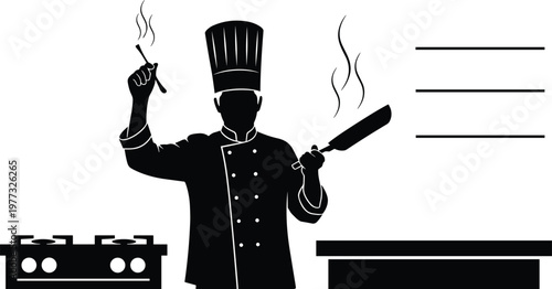 Chef cooking silhouette with frying pan and utensil over stove, restaurant kitchen concept, professional cook preparing food, culinary vector illustration isolated on white background