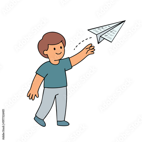 Boy happily throwing a paper airplane into the air.